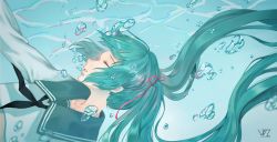 Rule 34 | 1girl, air bubble, aqua hair, asphyxiation, black necktie, bubble, closed eyes, commentary request, crop top, dated, drowning, floating hair, from side, hair ribbon, hatsune miku, hatsune miku (vocaloid4) (chinese), highres, long hair, long sleeves, necktie, nose, parted lips, pink ribbon, ribbon, shin (2100684), shirt, solo, submerged, underwater, very long hair, vocaloid, vsinger, water, white shirt
