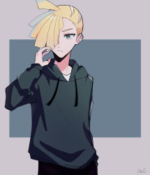 Rule 34 | 1boy, ahoge, alternate costume, black hoodie, black pants, blonde hair, closed mouth, commentary request, creatures (company), ear piercing, game freak, gladion (pokemon), green eyes, grey background, hair over one eye, hand up, highres, hood, hoodie, long sleeves, looking to the side, male focus, nintendo, pants, piercing, pokemon, pokemon sm, shirt, short hair, signature, solo, tere asahi, white shirt