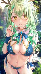 Rule 34 | 1girl, bare shoulders, bikini, blue bikini, blush, braid, braided bangs, breasts, ceres fauna, cleavage, green hair, highres, hololive, hololive english, horns, large breasts, long hair, looking at viewer, mole, mole on breast, navel, saruei, single braid, smile, solo, swimsuit, thighs, virtual youtuber, yellow eyes