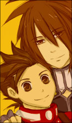 Rule 34 | 00s, age difference, brown eyes, father and son, kratos aurion, lloyd irving, lowres, male focus, simple background, tales of (series), tales of symphonia