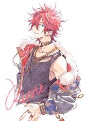 Rule 34 | 1boy, amagi rinne, black shirt, blue eyes, choker, commentary, earrings, english text, ensemble stars!, fur trim, hair between eyes, jacket, jacket partially removed, jewelry, long sleeves, male focus, necklace, open clothes, open jacket, red hair, ring, seuga, shirt, short hair, sideways glance, simple background, sleeveless, solo, teeth, upper body, white background