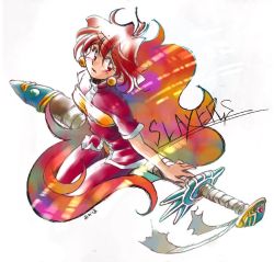 Rule 34 | 1girl, artist request, female focus, from above, kneeling, lina inverse, long hair, looking at viewer, on floor, orange hair, red eyes, simple background, slayers, solo, sword, weapon, white background