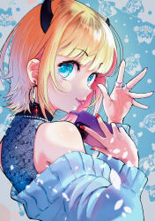 Rule 34 | 1girl, arakan, blonde hair, blue eyes, blue sweater, commentary, commentary request, demon horns, earrings, english commentary, fake horns, highres, holding, holding phone, horns, jewelry, applying manicure, mem-cho, mixed-language commentary, multicolored hair, off-shoulder sweater, off shoulder, oshi no ko, phone, ring, roots (hair), short hair, solo, sweater, tongue, tongue out