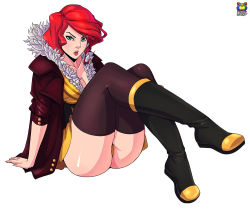 Rule 34 | 1girl, ass, blue eyes, crossed legs, kyoffie, lips, looking at viewer, red (transistor), red hair, sitting, solo, thighhighs, transistor (game), white background