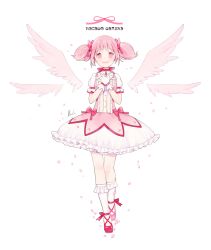 Rule 34 | 1girl, angel wings, ankle ribbon, arms at sides, bare legs, bow, breasts, bubble skirt, buttons, choker, commentary, dot nose, floating hair, frilled skirt, frilled sleeves, frilled socks, frills, full body, gloves, hair between eyes, hand on own chest, kaname madoka, leg ribbon, legs together, light smile, looking at viewer, lrul, madoka runes, mahou shoujo madoka magica, mahou shoujo madoka magica (anime), open mouth, own hands together, petals, pink bow, pink eyes, pink hair, pink ribbon, pink theme, pink wings, puffy short sleeves, puffy sleeves, red choker, red footwear, red neckwear, ribbon, ribbon choker, shoes, short sleeves, short twintails, sidelocks, signature, simple background, skirt, small breasts, smile, socks, solo, soul gem, standing, standing on one leg, teeth, thigh gap, twintails, upper teeth only, white background, white gloves, white skirt, white socks, wide-eyed, wings