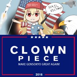 Rule 34 | &#039;murica, 1girl, aircraft, airplane, american flag, american flag dress, animal, assault rifle, bad id, bad pixiv id, bald eagle, baseball cap, bird, blonde hair, burger, character name, clownpiece, donald trump, eagle, english text, female focus, fighter jet, food, gun, hat, highres, jet, long hair, m16, m16a2, mecham, military, military vehicle, missile, parody, real life, red eyes, rifle, smile, solo, star (symbol), touhou, trump hat, united states, upper body, weapon