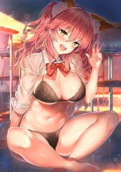 Rule 34 | 1girl, :d, animal ear fluff, animal ears, bare legs, barefoot, black bra, black panties, blurry, blush, bottomless, bow, bowtie, bra, breasts, chair, classroom, cleavage, clothes lift, collared shirt, commentary request, depth of field, desk, diffraction spikes, evening, fate/extra, fate/grand order, fate (series), fox ears, fox girl, fox tail, hair between eyes, hand gesture, hand up, head tilt, highres, indian style, indoors, kawai (purplrpouni), large breasts, light particles, lingerie, long hair, long sleeves, looking at viewer, navel, official alternate costume, open clothes, open mouth, open shirt, panties, pink hair, red bow, red bowtie, reflection, school chair, school desk, school uniform, shiny skin, shirt, shirt lift, sidelocks, sitting, sleeves rolled up, smile, solo, stomach, striped bow, striped bowtie, striped clothes, striped neckwear, tail, tamamo (fate), tamamo no mae (fate/extra), teeth, thighs, twintails, underwear, w, wavy hair, white shirt, yellow eyes