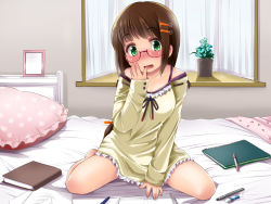 Rule 34 | 1girl, bare legs, blush, book, brown hair, drawing equipment, eraser, frilled pillow, frills, glasses, green eyes, hand to head, kozue akari, looking at viewer, nightgown, open mouth, original, pen, pillow, plant, potted plant, sitting, solo, wariza, window