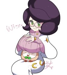 Rule 34 | 1girl, big hair, bird, blush, breast rest, breasts, breasts on head, capelet, character name, closed eyes, coat, creatures (company), game freak, gen 7 pokemon, glasses, green eyes, hands on own chest, isuka, large breasts, long sleeves, nintendo, owl, pink-framed eyewear, pink sweater, pokemon, pokemon (creature), pokemon sm, purple hair, raised eyebrows, ribbed sweater, rowlet, sitting, skirt, sweater, turtleneck, turtleneck sweater, white background, white capelet, white coat, white skirt, wicke (pokemon)