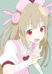 Rule 34 | 1girl, absurdres, apron, bandages, blush, rabbit hair ornament, collared shirt, donguri suzume, fang, fox shadow puppet, hair ornament, hat, heart, highres, light brown hair, long hair, looking at viewer, nail polish, natori sana, nurse cap, open mouth, pink apron, puffy short sleeves, puffy sleeves, red eyes, red nails, sana channel, shirt, short sleeves, simple background, smile, solo, two side up, virtual youtuber