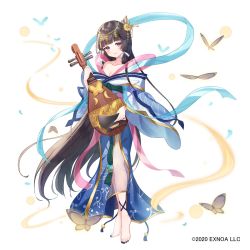 Rule 34 | 1girl, animal, bachi, barefoot, biwa lute, black hair, black nails, blue kimono, blush, breasts, bug, butterfly, character request, cleavage, closed mouth, commentary request, copyright notice, flower, fortress girl, hair flower, hair ornament, highres, holding, holding instrument, insect, instrument, japanese clothes, kimono, long hair, looking at viewer, lute (instrument), medium breasts, nail polish, off shoulder, official art, plectrum, purple eyes, simple background, smile, solo, toenail polish, toenails, tsukiman, very long hair, watermark, white background, white kimono, yellow flower