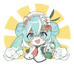 Rule 34 | 1girl, :d, aburi iwashi, aqua eyes, aqua hair, aqua sleeves, bottle, chibi, commentary, crab hair ornament, crazy eyes, cropped torso, fish (food), foreshortening, frilled sleeves, frills, hair ornament, hair ribbon, hairclip, hatsune miku, highres, holding, holding bottle, ikura (food), long hair, looking at viewer, multicolored hair, necktie, open mouth, outstretched arm, pink necktie, pink ribbon, polka dot sleeves, poppippoo (vocaloid), ribbon, scallop, shaded face, shirt, smile, snowflake print, solo, spring onion, spring onion print, streaked hair, striped necktie, sunburst, sunburst background, twintails, vegetable juice, very long hair, vocaloid, wavy hair, white background, white hair, white headwear, white ribbon, white shirt, wide-eyed, yellow background, yuki miku, yuki miku (2024) (candidate no.6)