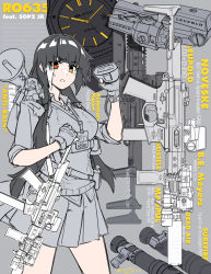 Rule 34 | 1girl, absurdres, arm up, binoculars, black hair, character doll, character name, chibi, collared shirt, colt 9mm smg, dead air wolfman, english text, fingerless gloves, girls&#039; frontline, gloves, grey background, gun, hand on weapon, heterochromia, highres, holding, holding binoculars, id card, jewelry, lanyard, m4 sopmod ii jr, megaphone, minata (axl19941120), multicolored hair, necklace, open mouth, over shoulder, pleated skirt, red eyes, ro635 (girls&#039; frontline), scope, shirt, short sleeves, skirt, solo, spot color, submachine gun, suppressor, sweater vest, twintails, two-tone hair, untucked shirt, watch, weapon, weapon over shoulder, white hair, wristwatch, yellow eyes