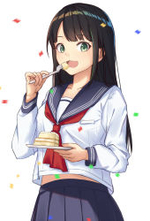 Rule 34 | 1girl, :3, :d, black hair, blue skirt, cake, cake slice, commentary request, fang, food, fork, green eyes, highres, holding, holding fork, holding plate, itachi kanade, long hair, long sleeves, looking at viewer, midriff peek, motion blur, neckerchief, open mouth, original, plate, pleated skirt, red neckerchief, school uniform, serafuku, shirt, skirt, smile, solo, very long hair, white background, white shirt