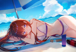 1girl absurdres bare_arms bikini blue_eyes blue_sky blush breasts cleavage closed_mouth cloud day hair_between_eyes highres island long_hair looking_at_viewer lying makise_kurisu navel ocean official_alternate_costume on_side outdoors partially_unzipped purple_trim red_hair shirase_rin signature sky small_breasts solo steins;gate straight_hair swimsuit very_long_hair white_bikini zipper