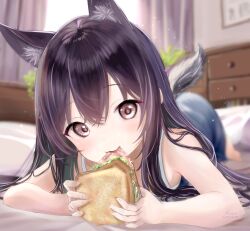 Rule 34 | 1girl, animal ear fluff, animal ears, artist name, bed, black hair, blurry, brown eyes, dated, depth of field, eating, fluno, food, hair between eyes, highres, holding, holding food, indoors, long hair, looking at viewer, lying, on bed, on stomach, original, sandwich, solo, tail
