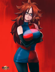 Rule 34 | 1girl, absurdres, android 21, bare shoulders, big hair, black-framed eyewear, black pantyhose, blue eyes, breast hold, breasts, brown hair, curly hair, detached sleeves, dragon ball, dragon ball fighterz, dress, earrings, glasses, highres, hoop earrings, jewelry, large breasts, long hair, looking at viewer, medium breasts, multicolored clothes, multicolored dress, nail polish, pantyhose, red background, red hair, sanefox, solo, standing, thighs