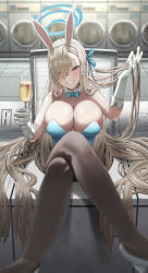 Rule 34 | 1girl, alcohol, asuna (blue archive), asuna (bunny) (blue archive), blonde hair, blue archive, blue bow, blue bowtie, blue eyes, blue ribbon, blurry, blurry background, blurry foreground, bow, bowtie, breasts, brown pantyhose, cleavage, commentary request, crossed legs, cup, detached collar, drinking glass, eyes visible through hair, gloves, hair over one eye, hair ribbon, halo, highres, holding, holding cup, holding own hair, large breasts, leotard, long hair, looking at viewer, mole, mole on breast, pantyhose, playboy bunny, ribbon, shoes, silvertsuki, sitting, smile, solo, top-load washing machine, very long hair, washing machine, white gloves, white pantyhose