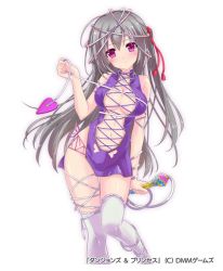 Rule 34 | 1girl, black hair, breasts, cleavage, copyright name, dmm, dungeons &amp; princess, grey hair, large breasts, long hair, looking at viewer, navel, purple eyes, rope, simple background, smile, solo, thighhighs, umetori uriri, very long hair, white background, white thighhighs