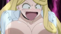 Rule 34 | 1girl, animated, animated gif, blonde hair, blush, bouncing breasts, breasts, huge breasts, katsute kami datta kemonotachi e, liza renecastle, long hair, mole, mole on breast, no bra, out-of-frame censoring, yellow eyes