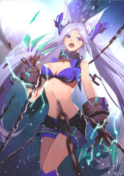 Rule 34 | 1girl, absurdres, animal ear fluff, animal ears, bikini, bikini top only, boots, breasts, broken, broken chain, chain, chain, clare (543), claws, cleavage, collar, cropped jacket, hair ornament, highres, jacket, long hair, looking at viewer, medium breasts, navel, open clothes, open jacket, open mouth, original, purple eyes, purple hair, shorts, sleeveless, solo, swimsuit, tail, twintails, wolf ears, wolf tail
