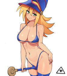 Rule 34 | 1girl, alternate costume, bare shoulders, bikini, bikini pull, blonde hair, blue hat, blue thighhighs, breasts, cleavage, closed mouth, clothes pull, commentary, dark magician girl, donburi (donburikazoku), duel monster, from side, green eyes, hair between eyes, half-closed eyes, halterneck, hat, head tilt, highleg, highleg bikini, highres, large breasts, legs together, long hair, looking at viewer, micro bikini, navel, parted bangs, simple background, skindentation, smile, solo, staff, string bikini, swimsuit, thighhighs, thighs, wand, white background, wide hips, wizard hat, yu-gi-oh!