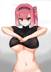 Rule 34 | 1girl, absurdres, black shirt, blue eyes, blunt bangs, blush, breasts, closed mouth, clothes lift, commentary, dog tags, gradient background, grey background, hairband, highres, kion-kun, large breasts, lifted by self, looking at viewer, mochizuki momiji, navel, new game!, no bra, no panties, one side up, out-of-frame censoring, pink hair, shirt, shirt lift, short hair, short sleeves, side ponytail, solo, underboob, upper body