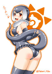 Rule 34 | 10s, animal ears, ass, elbow gloves, fingerless gloves, fur collar, gloves, gradient hair, grey hair, highres, holding own tail, japari symbol, kemono friends, matsuri miko, multicolored hair, open mouth, otter ears, otter tail, short hair, small-clawed otter (kemono friends), smile, swimsuit, tail, thighhighs, translation request, two-tone hair, white hair