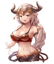 Rule 34 | 1girl, :d, aliza (granblue fantasy), bandages, bandaged arm, bandaged hand, bandages, bare shoulders, blush, braid, breasts, cleavage, collarbone, draph, dress, granblue fantasy, headpiece, highres, horns, large breasts, long hair, looking at viewer, midriff, navel, open mouth, pants, pointy ears, red eyes, silver hair, simple background, single braid, smile, solo, sukemyon, very long hair, white background