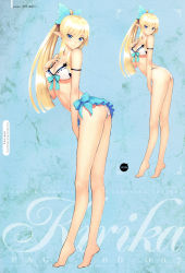 Rule 34 | 1girl, absurdres, arched back, armband, ass, back, bare shoulders, barefoot, bent over, bikini, blonde hair, blue eyes, blush, bow, breasts, butterfly hair ornament, cleavage, dimples of venus, earrings, elf, flat color, frills, front-tie bikini top, front-tie top, full body, hair ornament, hand on own chest, high ponytail, highres, jewelry, kirika towa alma, kneepits, leaning forward, legs, long hair, long legs, long pointy ears, looking at viewer, multiple views, navel, official art, parted lips, pointy ears, ponytail, ribbon, ribbon-trimmed bikini, ribbon trim, sarong, shining (series), shining resonance, sidelocks, simple background, sketch, string bikini, swimsuit, tiptoes, tony taka, underboob, white background, white bikini