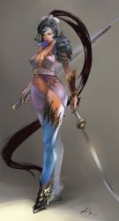 Rule 34 | 1girl, absurdly long hair, armor, asymmetrical clothes, bare shoulders, black hair, breasts, cleavage, collarbone, dee, dual wielding, high heels, highres, holding, katana, large breasts, lipstick, long hair, looking to the side, makeup, navel, pauldrons, ponytail holder, red lips, shoulder armor, solo, sword, thighhighs, vambraces, very long hair, weapon, yellow eyes