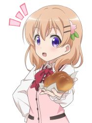 Rule 34 | 1girl, :d, bad id, bad twitter id, blush, bow, bowtie, bread, breasts, buttons, collared shirt, commentary request, dress shirt, food, giving, gochuumon wa usagi desu ka?, hair ornament, hairclip, hand on own hip, holding, holding food, hoto cocoa, long hair, long sleeves, looking at viewer, open mouth, orange hair, pink vest, purple eyes, rabbit house uniform, red bow, red bowtie, red star (toranecomet), shirt, simple background, small breasts, smile, solo, uniform, upper body, vest, white background, white shirt, wing collar
