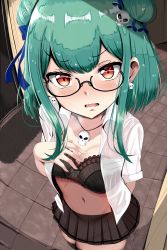 Rule 34 | 1girl, astraea (atelierastraea), black legwear, blush, bow, bow bra, bra, commentary, double bun, earrings, english commentary, english text, fisheye, glasses, green hair, hair ornament, hair ribbon, highres, hololive, indoors, jewelry, lingerie, long hair, looking at viewer, open clothes, open mouth, open shirt, pleated skirt, red eyes, revision, ribbon, skirt, skull earrings, skull hair ornament, solo, standing, underwear, uruha rushia, virtual youtuber, water drop