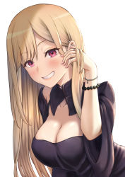 Rule 34 | 1girl, adjusting hair, bead bracelet, beads, black dress, blonde hair, blush, bracelet, breasts, cleavage, collarbone, collared dress, dress, dress slip, ear piercing, fake nails, fingernails, grin, highres, jewelry, kitagawa marin, large breasts, leaning forward, lips, long fingernails, long hair, looking at viewer, nail polish, piercing, pink eyes, pink nails, ring, simple background, smile, solo, sono bisque doll wa koi wo suru, teriton, upper body, white background, wide sleeves