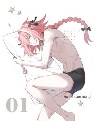 Rule 34 | 1boy, artist name, astolfo (fate), bishounen, black bow, black ribbon, bow, boxers, braid, copyright name, fate/apocrypha, fate (series), hair intakes, hair ribbon, leopardtiger, long braid, long hair, lying, male focus, male underwear, multicolored hair, no pants, numbered, hugging object, on side, pillow, pillow hug, pink hair, ribbon, topless male, simple background, single braid, sleeping, solo, star (symbol), streaked hair, underwear, white background