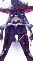Rule 34 | 1girl, all fours, arm support, ass, ass focus, black hair, blue leotard, cape, detached sleeves, elbow gloves, from behind, genshin impact, gloves, hair ornament, hair ribbon, hat, highleg, highleg leotard, highres, huge ass, leotard, long hair, mona (genshin impact), pantyhose, ribbon, shiny clothes, solo, thighlet, thong leotard, twintails, uenoryoma, very long hair, witch hat