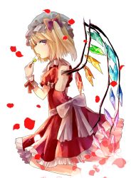Rule 34 | 1girl, alternate costume, backless dress, backless outfit, blonde hair, bow, crystal, dango, dress, eating, flandre scarlet, food, frilled dress, frills, from side, hat, hat bow, kneeling, looking at viewer, looking to the side, mob cap, petals, profile, puffy short sleeves, puffy sleeves, red dress, red eyes, rose petals, sakizaki saki-p, short sleeves, side ponytail, solo, touhou, wagashi, wings, wrist cuffs