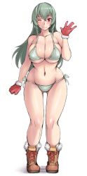 Rule 34 | 1girl, aged up, bikini, boots, breasts, cleavage, curvy, full body, fur trim, gloves, groin, large breasts, long hair, navel, one eye closed, red eyes, rozen maiden, shiny skin, silver hair, smile, solo, standing, suigintou, swimsuit, thighs, tsuda nanafushi, waving