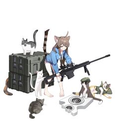 Rule 34 | 1girl, :i, absurdres, ahoge, animal, animal ear fluff, animal ears, anti-materiel rifle, bandaid, bandaid on leg, barefoot, barrett m82, beret, blue eyes, blue hoodie, blue shorts, brown hair, cat ears, cat tail, check weapon, clothed animal, crate, gun, hat, heterochromia, highres, holding, holding gun, holding weapon, hood, hood down, hoodie, long hair, multiple cats, original, rifle, shorts, sidelocks, simple background, sniper rifle, standing, striped tail, sunglasses, tail, target, toes, toombo12, v-shaped eyebrows, vest, weapon, white background, yellow eyes