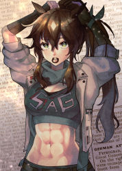 Rule 34 | 1girl, abs, alternate costume, animal ears, arimura marron, arknights, arms up, black gloves, breasts, brown hair, clenched teeth, clothes writing, cowboy shot, elbow gloves, english text, gloves, green eyes, grey jacket, hair between eyes, hair tie, highres, horse ears, jacket, long hair, medium breasts, meteor (arknights), meteor (elite ii) (arknights), mouth hold, muscular, muscular female, navel, open clothes, open jacket, parted lips, ponytail, short sleeves, sidelocks, solo, sports bra, stomach, teeth, text background, tying hair