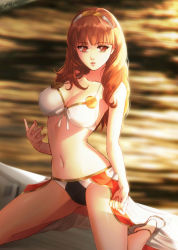 Rule 34 | 1girl, bad id, bad pixiv id, bikini, breasts, celica (fire emblem), cleavage, esther shen, fire emblem, fire emblem echoes: shadows of valentia, hairband, kneeling, long hair, navel, nintendo, red eyes, red hair, solo, swimsuit