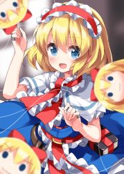 Rule 34 | 1girl, :3, :d, alice margatroid, arm up, belt, blonde hair, blue dress, blue eyes, blurry, blurry background, book, bow, capelet, closed mouth, doll, dress, eyes visible through hair, flying, frills, hair between eyes, hairband, hands up, highres, indoors, long hair, looking at viewer, necktie, one-hour drawing challenge, open mouth, red belt, red bow, red hairband, red necktie, ruu (tksymkw), shanghai doll, short hair, short sleeves, smile, solo, standing, thread, touhou, v-shaped eyebrows, white capelet, window