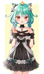 Rule 34 | 1girl, :d, animal, animal ear fluff, animal ears, animal on head, bird, black bow, black choker, black dress, black ribbon, blue hair, blush, bow, cat ears, cat girl, chain, chick, choker, collarbone, colored tips, commentary request, dress, ear ribbon, earrings, fang, garter straps, green hair, hair ornament, hands up, highres, holding, holding hair, hololive, hoop earrings, jewelry, kemonomimi mode, legs together, looking at viewer, low twintails, multicolored hair, nail polish, off-shoulder dress, off shoulder, official alternate costume, on head, open mouth, pink nails, pleated dress, red eyes, ribbon, shichi (tarakochan-medo), short dress, short hair, short sleeves, skull, smile, solo, standing, symbol in eye, twintails, uruha rushia, uruha rushia (3rd costume), virtual youtuber, wrist cuffs, yellow background