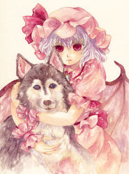Rule 34 | 1girl, bat wings, bow, dog, hat, hat bow, light purple hair, painting (medium), red eyes, remilia scarlet, shiroma (mamiko), touhou, traditional media, watercolor (medium), wings, wrist cuffs