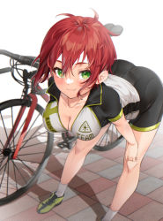Rule 34 | ass, bent over, bicycle, bike jersey, bike shorts, blush, breasts, cleavage, commission, green eyes, hands on own knees, hanging breasts, highres, izumi kei, large breasts, original, outdoors, red hair, seductive smile, shadow, short hair, skeb commission, smile