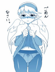 Rule 34 | 1girl, angel wings, blue theme, blush, breath of fire, breath of fire iv, capcom, clothes lift, crotch seam, dr.p, hairband, long sleeves, monochrome, navel, nina (breath of fire iv), panties, panties under pantyhose, pantyhose, short hair, simple background, skirt, skirt lift, solo, underwear, white background, wings