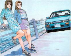 Rule 34 | 2girls, arm support, brown eyes, brown hair, car, casual, cityscape, converse, cross-laced footwear, crossed legs, day, denim, denim skirt, dress, dutch angle, female focus, fence, hair over shoulder, initial d, jacket, jewelry, leaning back, leg lift, legs, lips, long hair, long sleeves, looking at viewer, miniskirt, motor vehicle, multiple girls, no socks, official art, open clothes, open jacket, outdoors, parted bangs, pencil skirt, plaid, plaid dress, pocket, railing, right-hand drive, ring, satou mako, sayuki, sayuki (initial d), shadow, shigeno shuuichi, shoes, short dress, side slit, sil-eighty, skirt, sky, sneakers, standing, standing on one leg, star (symbol), star print, swept bangs, vehicle, water, wavy hair