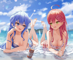 Rule 34 | 2girls, absurdres, adapted costume, ahoge, alternate breast size, apple juice, armpit crease, asakura (asa t77), bare legs, barefoot, beach, bikini, blue bikini, blue eyes, blue hair, blue sky, blush, breasts, cleavage, cloud, cloudy sky, collarbone, commentary request, crossed legs, day, earrings, eyelashes, feet, feet up, frilled bikini, frills, green eyes, hair between eyes, hair ornament, hair ribbon, hairclip, highres, hololive, hoshimachi suisei, jewelry, juice, juice box, knees apart feet together, large breasts, legs, lens flare, long hair, looking at another, lying, medium breasts, multiple girls, on stomach, one side up, plaid, plaid bikini, ribbon, sakura miko, shiny skin, sidelocks, sky, soles, star (symbol), star in eye, swimsuit, symbol in eye, the pose, thighs, toes, virtual youtuber, water, white bikini
