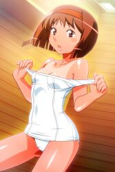 Rule 34 | 1girl, areola slip, blush stickers, breasts, brown eyes, brown hair, feet out of frame, hairband, indoors, kayama tamami, non-web source, official art, one-piece swimsuit, one-piece tan, open mouth, photoshop (medium), school swimsuit, shiny skin, short hair, small breasts, solo, super real mahjong, swimsuit, tan, tanaka ryou, tanline, white one-piece swimsuit