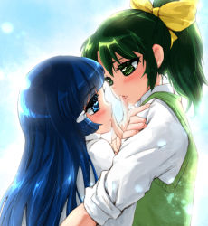 Rule 34 | 10s, 2girls, aoki reika, bad id, bad pixiv id, blouse, blue eyes, blue hair, blush, bow, eye contact, eyelashes, finger to another&#039;s mouth, finger to mouth, green eyes, green hair, green sweater vest, hair bow, hair ornament, hairclip, index finger raised, long hair, looking at another, midorikawa nao, multiple girls, mutou mato, ponytail, precure, school uniform, shirt, shushing, sleeves rolled up, smile precure!, sweater vest, white shirt, yuri